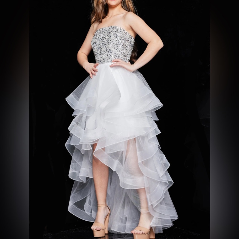 Jovani Strapless White and Silver beaded High Low Dress
